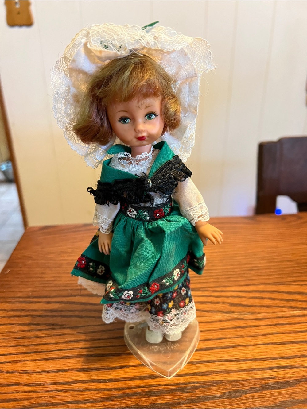 Green Traditional-Style Girls Doll with Lace Bonnet